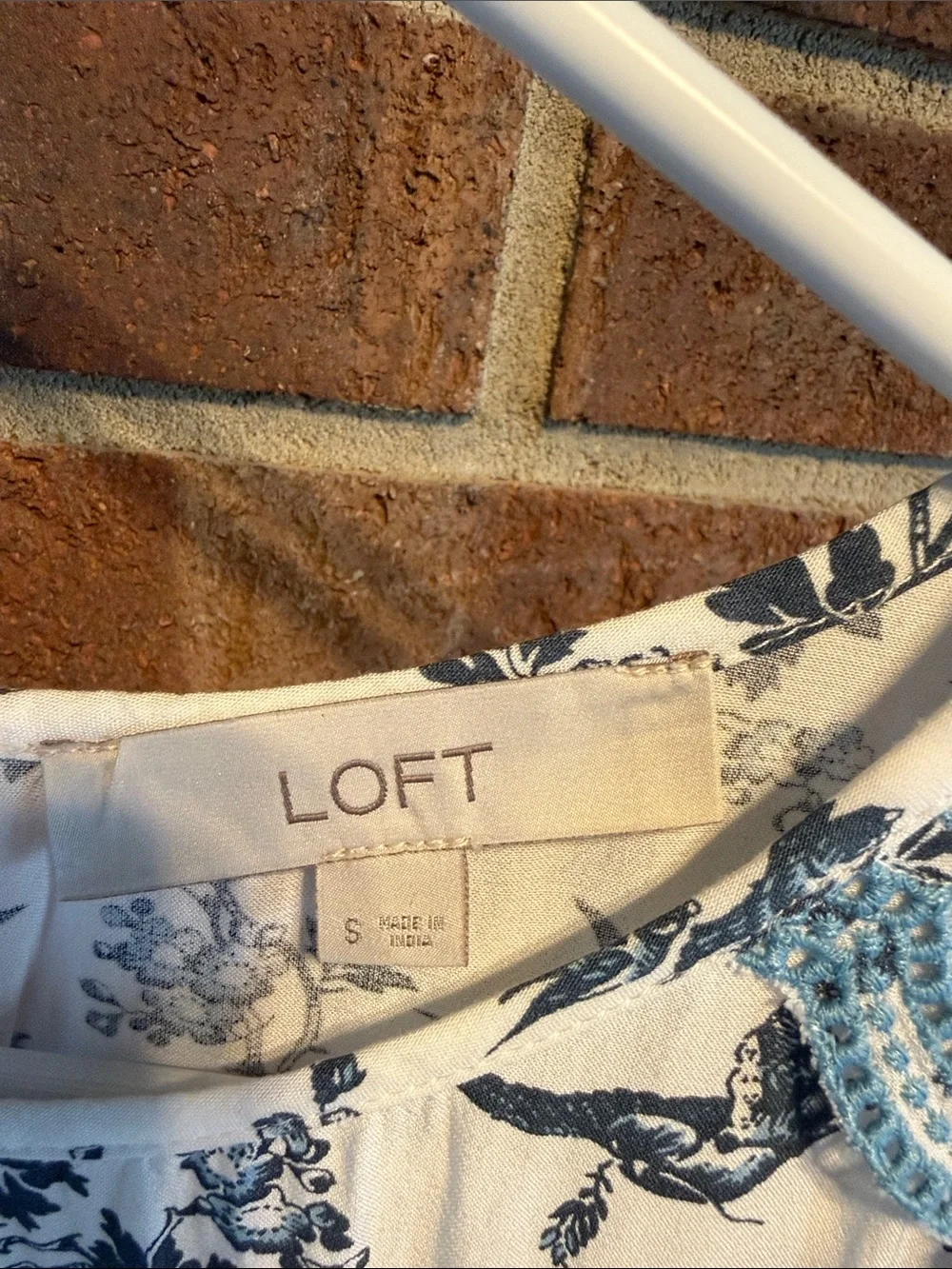 LOFT Cream Top with Blue Floral and Lace-Trim Flutter Sleeves - Picture 2 of 4